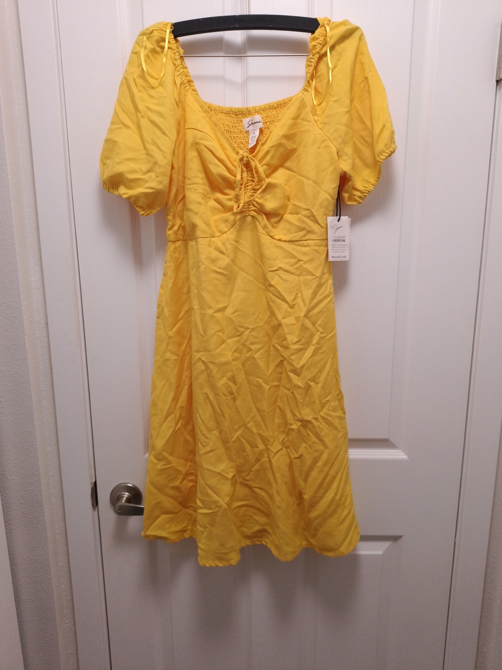 Japna Bright Yellow Tie Front Puff Sleeve Dress Boho Summer Linen NWT